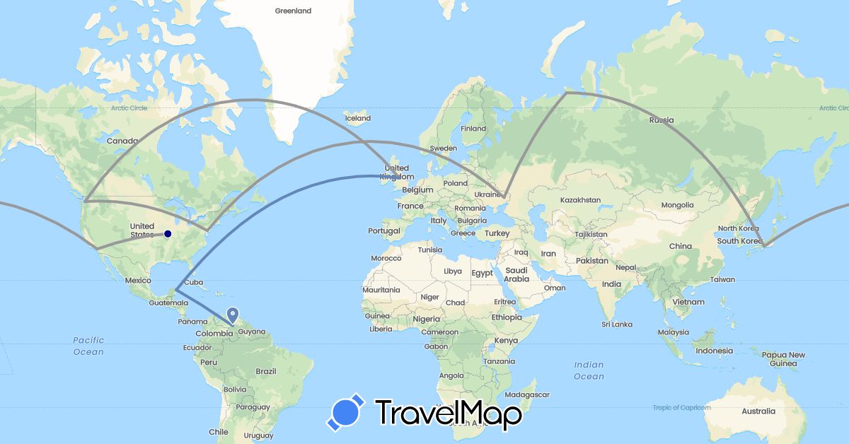 TravelMap itinerary: driving, plane, cycling in United Kingdom, Japan, Mexico, Russia, Ukraine, United States, Venezuela (Asia, Europe, North America, South America)